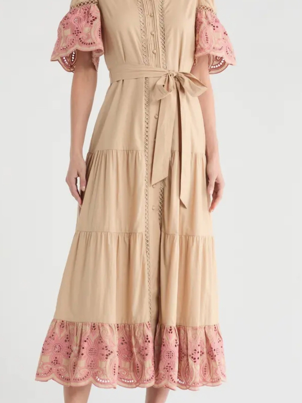 Love By Design Beige Midi Dress with Pink Eyelet Trim